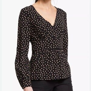 Boden Elsie Polka Dot V Neck Peplum Blouse Long Sleeve Black/Tan Size 4P
